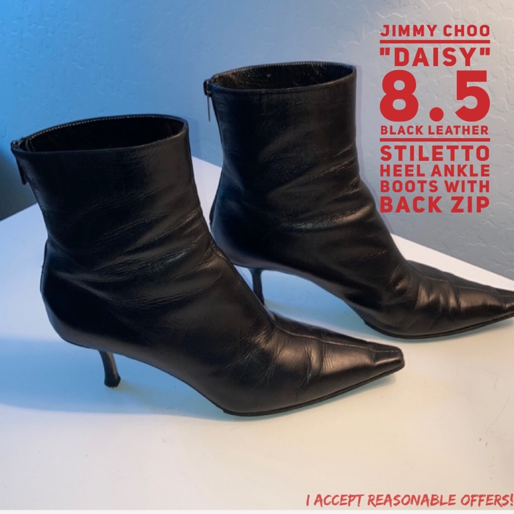 Jimmy Choo Black Leather Ankle Heel Boots Back Zip